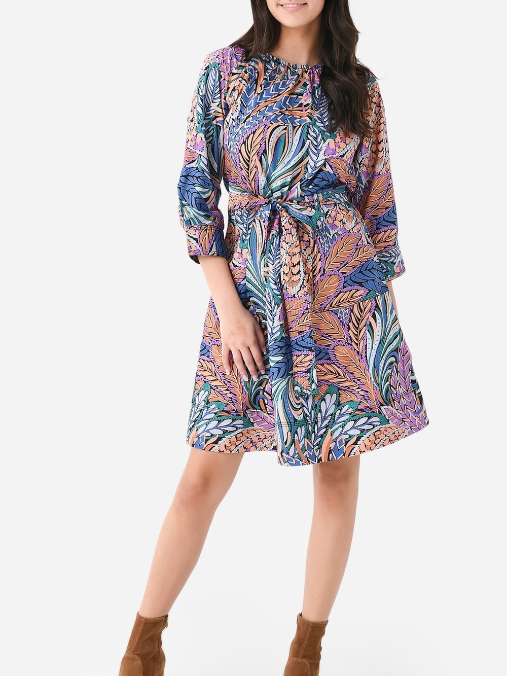 Banjanan 100% Cotton Irene Long-Sleeve Size S Blue Orange Belted Pockets Summer